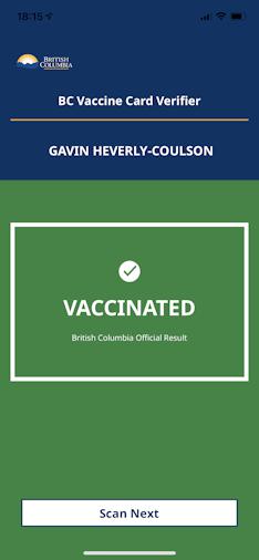 Screenshot from the BC vaccine verification app